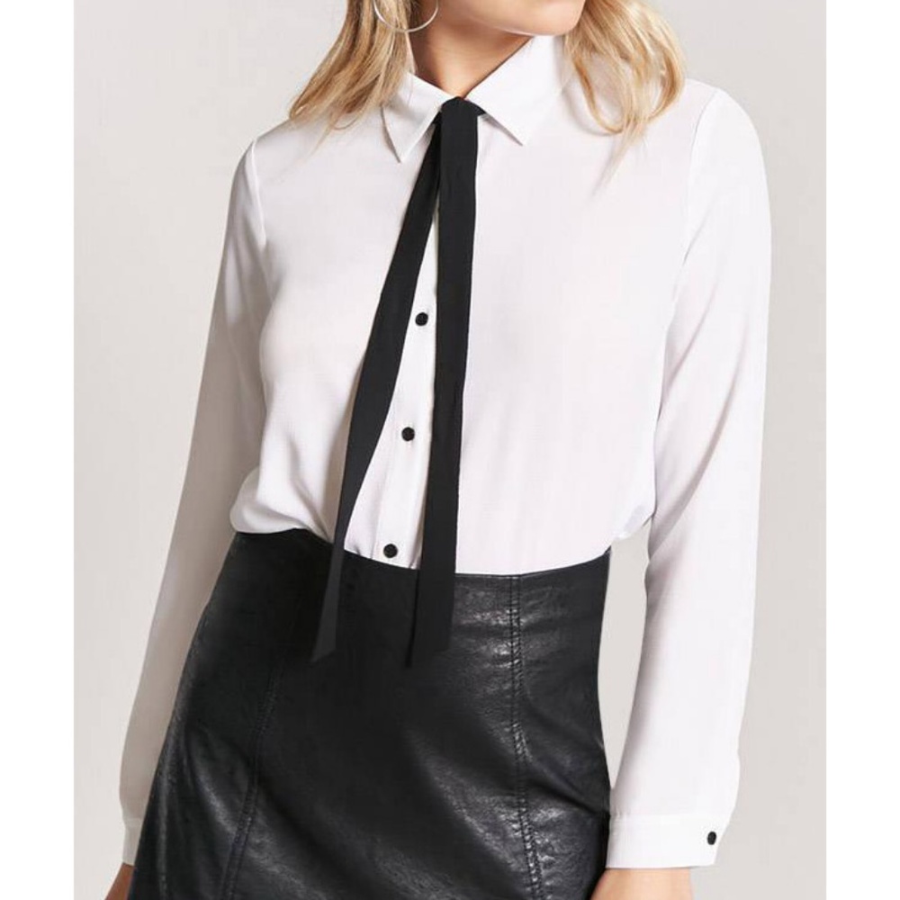 Off White Bow Tie Button Shirt Chiffon Blouse Top - Picture 2 of 8